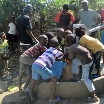 Excited rush to the new well